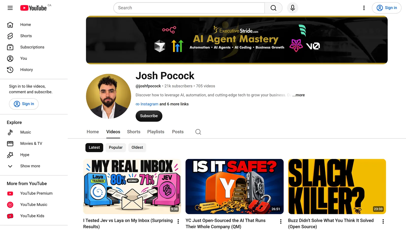 Josh Pocock's YouTube channel with 700+ videos on AI, automation and Claude Code