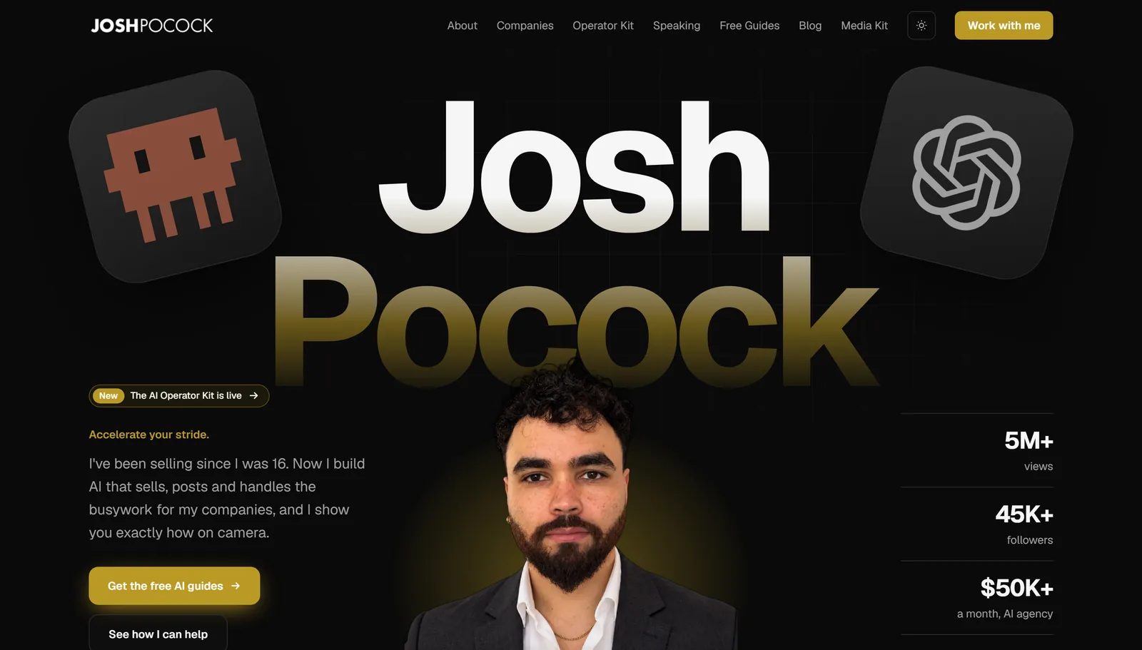 The joshpocock.com homepage, a site built and edited with Claude Code