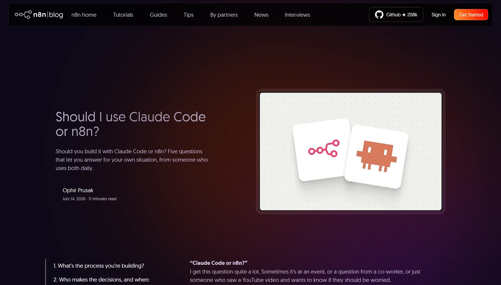 n8n's blog post asking Should I use Claude Code or n8n?